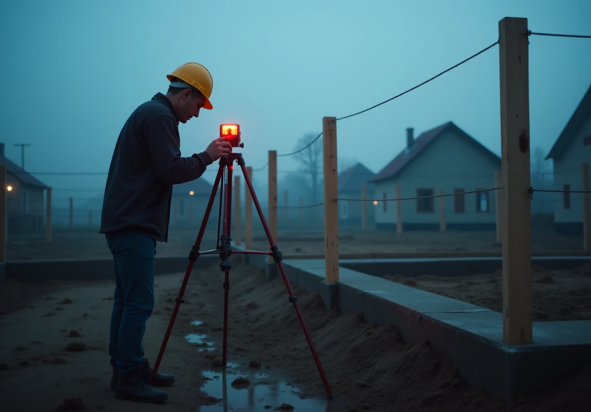 Niwelator laserowy na statywie na działce budowlanej o świcie, sznurki wyznaczające obrys domu